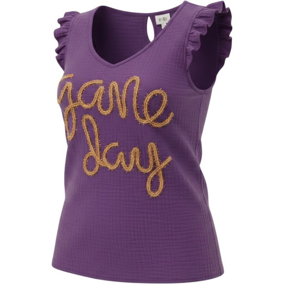 BiBi Tops - BiBi Game Day Purple Cotton Gauze Ruffle Sleeve Tank Top Small IP6659-09